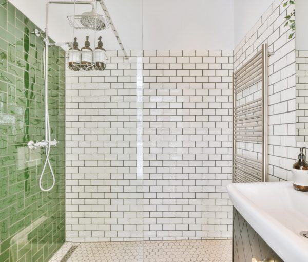 Bathroom with green and white patterned tiles